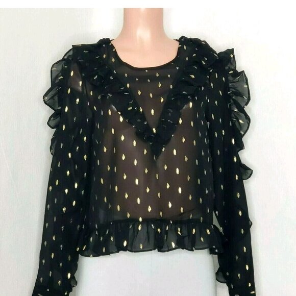 Free Generation LA Tops - Free Generation LA Black Gold Metallic Sheer Top Blouse Ruffles